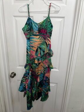 Romeo & Juliet Couture Tropical Asymmetrical Ruffle Slip Dress - Green Multi